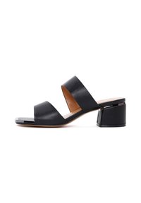Black leather block-heeled sandals with two wide straps, open toe design, smooth finish, and a slightly rounded heel.