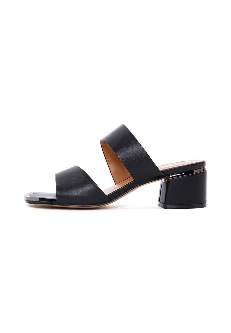 Black leather block-heeled sandals with two wide straps, open toe design, smooth finish, and a slightly rounded heel.