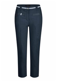 Marineblaue Hose aus leichtem Stoff, mit schlanker Passform, vorderen Taschen mit Reißverschlüssen und einem kontrastierenden gestreiften Bund.