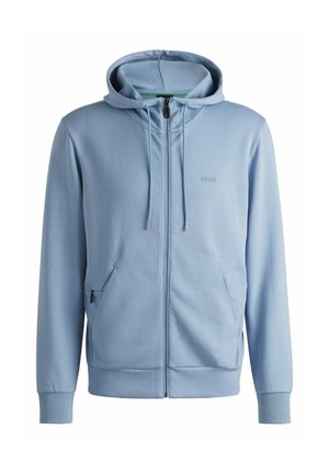 Lichtblauwe ritsvoering hoodie met touwtjes, twee zijzakken, ribgebreide manchetten en zoom, met een tonale logo op de borst. Zachte stoffen textuur.