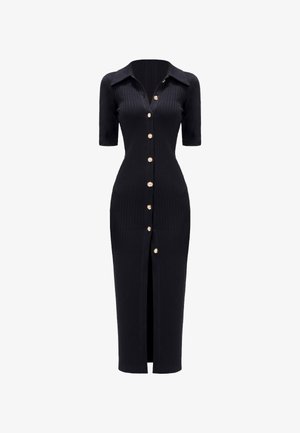 Ribbed black midi dress with a collared neckline, short sleeves, gold button accents, and a front slit for added detail.