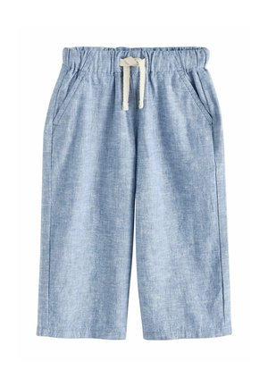 Light blue, knee-length shorts made of soft fabric, featuring an elastic waistband with drawstring and two side pockets.