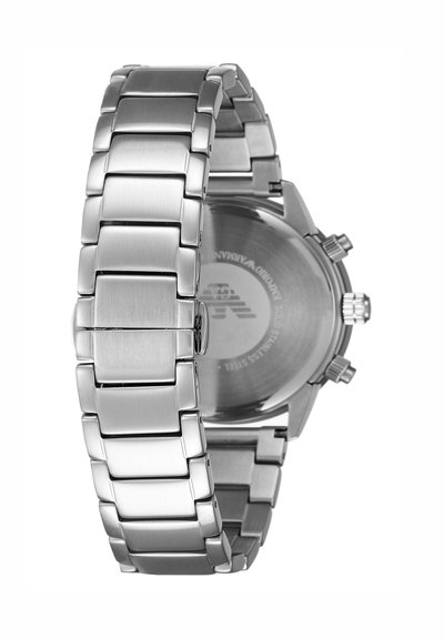 Orologio in acciaio inox argento con bracciale a maglie, con fibbia déployante e fondello rotondo con marchio inciso.
