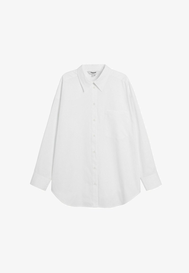White long-sleeve shirt with a pointed collar, button placket, and pocket. Made from lightweight fabric with a slightly relaxed fit.