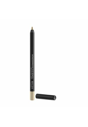 Eyeliner nero impermeabile con un accento dorato all'estremità. Testo stampato sul lato in bianco. Il tappo è nero e cilindrico.