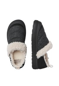 Scarpe slip-on textured nere e grigie con un morbido colletto in pelliccia sintetica color crema, dotate di una suola in gomma resistente e un design con punta arrotondata.