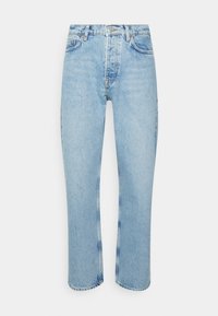 Lyseblå denimjeans med lige snit, høj talje, fem-lomme design og synlige strikdetaljer ved sømmene og sømmen.