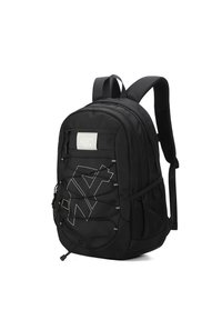Zaino nero con superficie in tessuto liscio, caratterizzato da un design geometrico bianco e spallacci regolabili; include tasche laterali in rete.