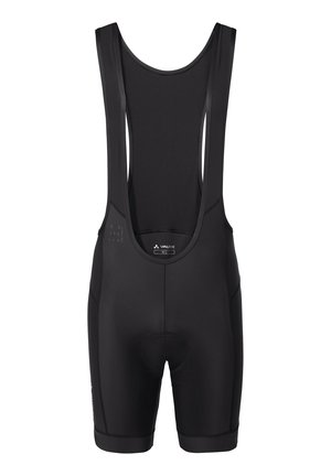 Shorts de cyclisme noirs en bretelles, au design ajusté, fabriqués en tissu extensible, dotés de larges bretelles, d'une zone de siège rembourrée et d'une texture lisse.