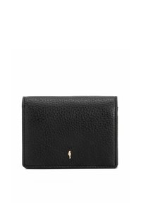 Czarny portfel z teksturowanej skóry z małym złotym emblematem konika morskiego umieszczonym na środku z przodu, na białym tle.