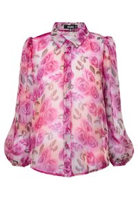 Transparent bluse med blomsterprint i nuancer af pink og grå, lange puffærmer, knaplukning foran og en klassisk krave.