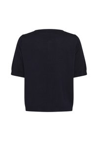 Haut en maille bleu marine à manches courtes avec un col arrondi, doté d'une texture lisse et d'une coupe droite, idéal pour un usage décontracté.