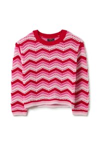 Maglione cropped a motivo chevron rosso e rosa con design a maglia testurizzata e colletto e orlo a coste rossi.