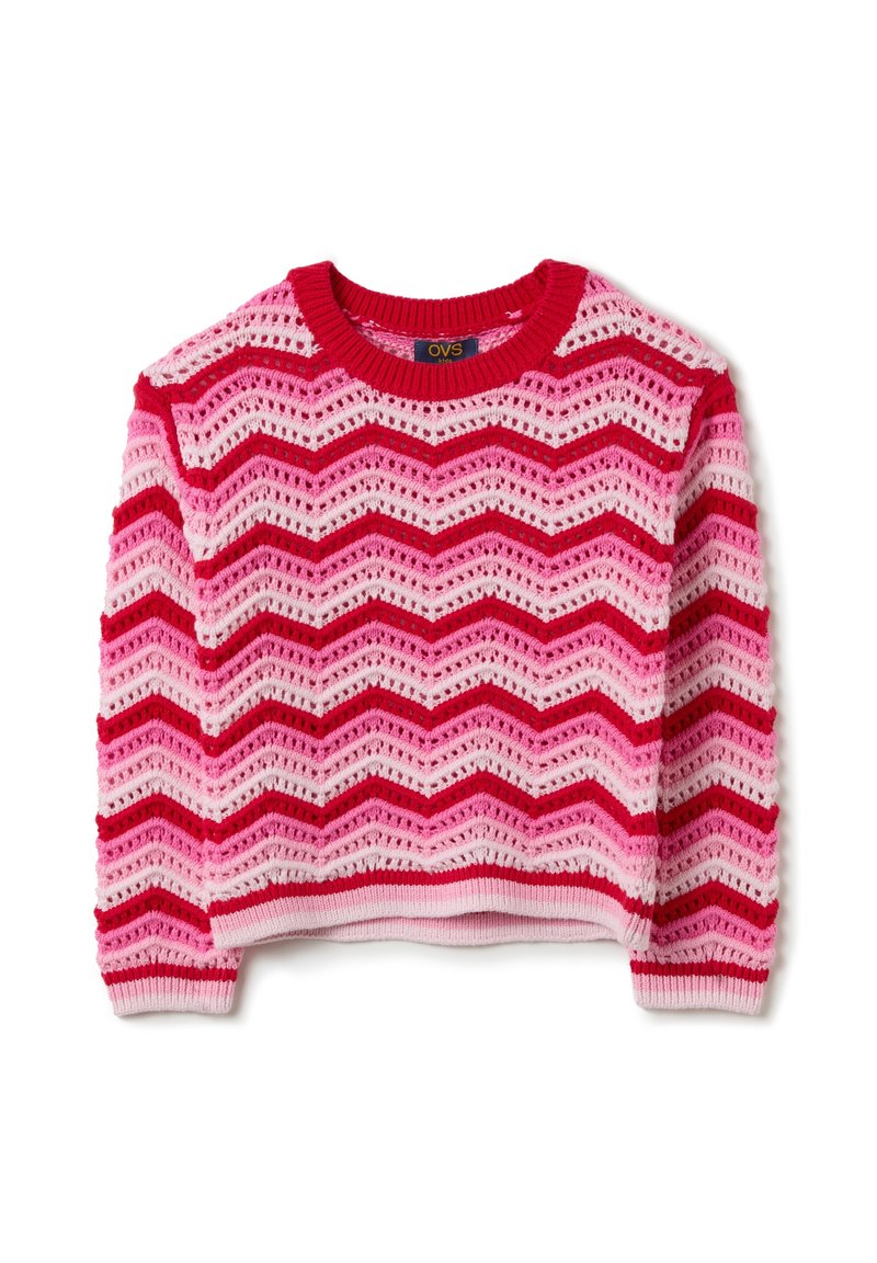 Maglione cropped a motivo chevron rosso e rosa con design a maglia testurizzata e colletto e orlo a coste rossi.