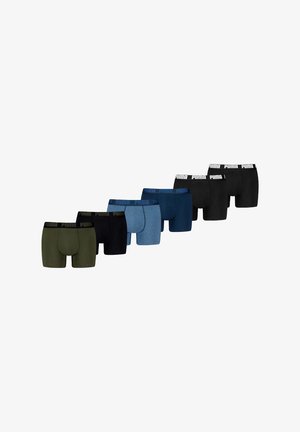 Set aus sieben Herren-Boxershorts in verschiedenen Farben: Olivgrün, Schwarz, Hellblau, Dunkelblau und Hellgrau. Mit elastischen Bundsäumen ausgestattet.
