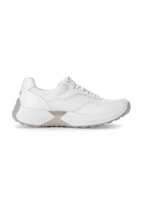 White athletic shoe featuring a mix of mesh and synthetic materials, a rounded toe, raised midsole, and a textured rubber outsole.