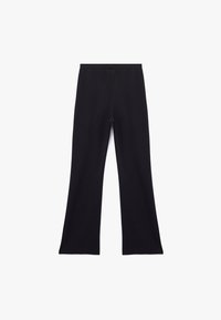 Zwarte flared broek van gladde stof met een hoge tailleband, met een strak ontwerp en zonder zichtbare patronen of accenten.