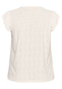 Haut blanc à manches courtes avec un design texturé en œillets et de petits trous circulaires, agrémenté de volants sur les manches. Tissu lisse.