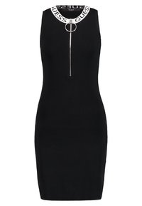 Robe noire sans manches avec une texture côtelée, une fermeture éclair à l'avant et une bande blanche avec logo autour du col. Silhouette ajustée.