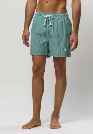 Zöld csíkos fürdőnadrág rugalmas derékpánttal, fehér zsinórhúzóval és kis logó részlettel. Könnyű anyagból, combközépig érő hosszúságban.
