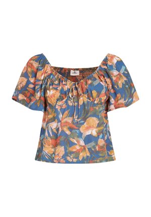 Blomstret top lavet af letvægtsstof. Har en firkantet halsudskæring, korte puffærmer og en blødt indsamlet bodice med en bindebåndsdetalje.