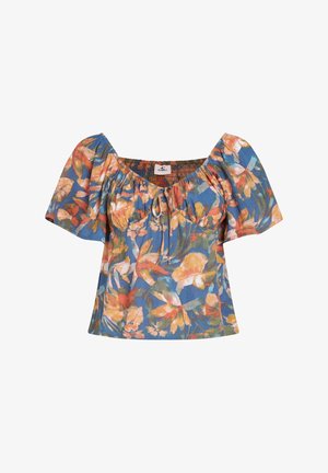 Bluse mit Blumenmuster, gefertigt aus leichtem Stoff. Verfügt über einen quadratischen Ausschnitt, kurze Puffärmel und ein sanft gerafftes Oberteil mit Bindeband.