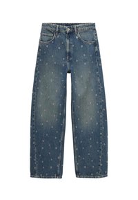 Light blue denim jeans with a wide-leg design, featuring embroidered circular patterns throughout and classic five-pocket styling.