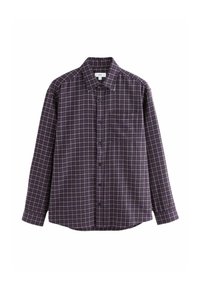 Herre langærmet skjorte i mørk lilla flannel med ternet mønster. Har knaplukning foran, krave og en enkelt brystlomme.