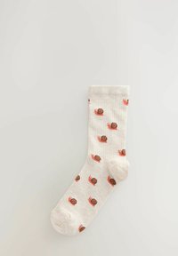 Light beige sock with a ribbed texture, featuring a repeated red and brown snail pattern. Ankle length with a reinforced toe and heel.
