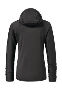 Giacca nera con cappuccio e maniche lunghe realizzata in tessuto a coste testurizzato, progettata per il comfort e l'elasticità, con maniche aderenti e un design minimalista.