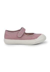 Pink canvas Mary Jane shoe with white rubber sole, round toe, and adjustable strap. Lined with a floral pattern. Soft texture, casual design.