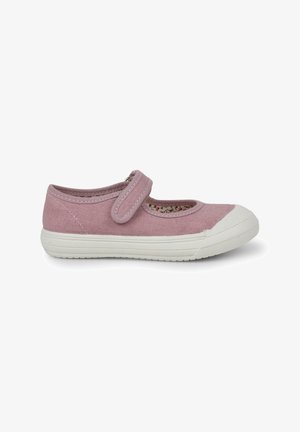 Pink canvas Mary Jane shoe with white rubber sole, round toe, and adjustable strap. Lined with a floral pattern. Soft texture, casual design.