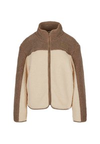 Chaqueta de forro polar con un alto collar, con un cuerpo crema y acentos marrón chocolate. Cremallera en la parte delantera y superficie texturizada.