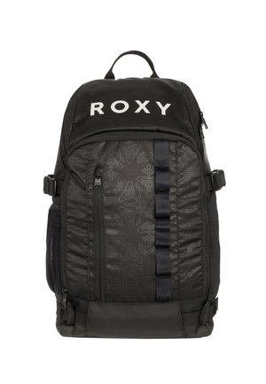 Schwarzer Rucksack mit Roxy-Logo, ausgestattet mit einem strukturierten Frontpanel, sicheren Reißverschlüssen, verstellbaren Tragriemen und Seitentaschen für zusätzlichen Stauraum.