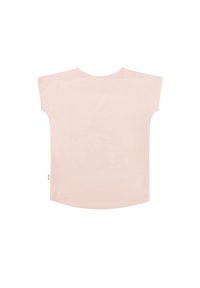 Svetlorozna majica s kratkimi rokavi in okroglo ovratnikom, ohlapnega kroja, s majhnim belim stranskim tagom na spodnjem levem robu.
