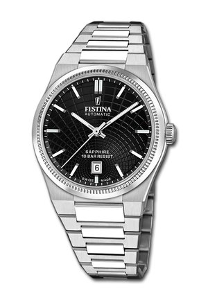 Edelstahl-Automatikuhr von Festina mit schwarzem strukturiertem Zifferblatt, silbernen Stundenmarkierungen, Datumsfenster bei 6 Uhr und Metallgliedarmband.