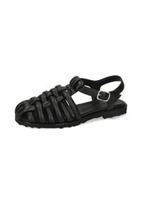 Schwarze Ledersandalen mit geflochtenem Design, offener Spitze, verstellbarem Knöchelriemen mit Schnalle und flacher Gummisohle.