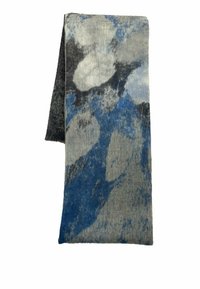 Écharpe en textile avec un motif en dégradé de bleu, gris et noir, dotée d'une texture douce et d'une forme rectangulaire.