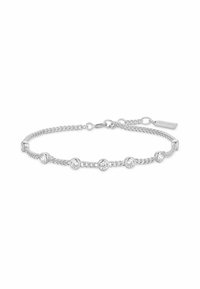 Bracciale in argento con accenti circolari decorati da pietre chiare e brillanti. La catena è composta da anelli collegati, creando un aspetto texturizzato.