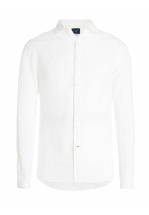 Chemise blanche en lin à manches longues avec fermeture à boutons et col classique, présentée sur un fond blanc uni.