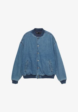 Modrá denimová bomber bunda s cvokovými knoflíky, žebrovaným límcem, manžetami, spodním lemem a dvěma předními kapsami.