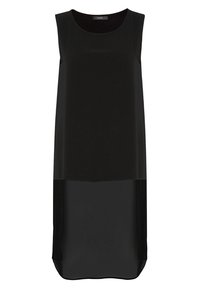 Black sleeveless dress with a smooth texture, featuring a high neckline and a slightly elongated back for a relaxed silhouette.