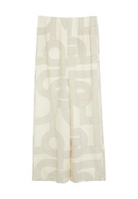 Weit geschnittene cremefarbene Hose mit einem abstrakten geometrischen Muster aus dünnen braunen gebogenen und geraden Linien.