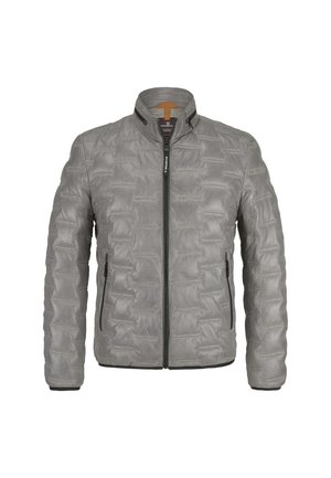 Grau gepolsterte Jacke mit strukturierter Oberfläche, Stehkragen, vorderem Reißverschluss und zwei Seitentaschen. Hergestellt aus einem leichten, glatten Material.