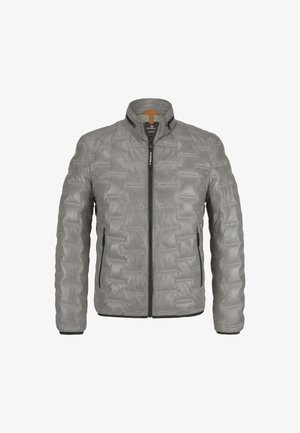 Grau gepolsterte Jacke mit strukturierter Oberfläche, Stehkragen, vorderem Reißverschluss und zwei Seitentaschen. Hergestellt aus einem leichten, glatten Material.