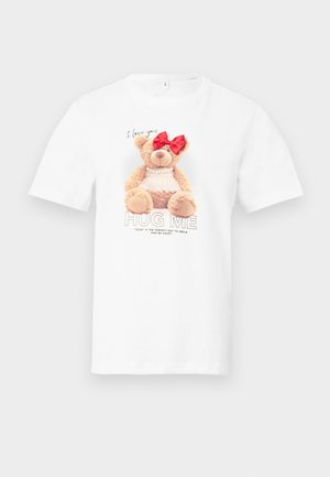 Λευκό T-shirt με σχεδιασμό αρκουδάκι που φορά κόκκινο φιόγκο και κολιέ με μαργαριτάρια, με κείμενο "Σ' αγαπώ" και "Αγκαλιάσέ με" μπροστά.