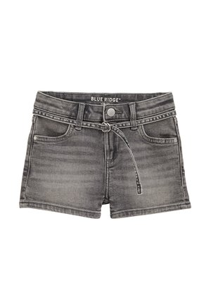 Izprane črne jeans kratke hlače z ozkim krojem, sprednjimi žepek, zankami za pas, kovinskim gumbom, zadrgo in tankim priloženim pasom.