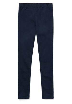 Leggings elásticos de color azul marino con una textura suave y diseño ajustado. Sin herrajes ni patrones visibles. Construcción sencilla y sin costuras.