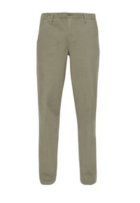 Pantalon chino vert olive clair en coton. Doté d'une coupe droite, de passants pour ceinture, de poches avant et de détails de couture minimalistes.
