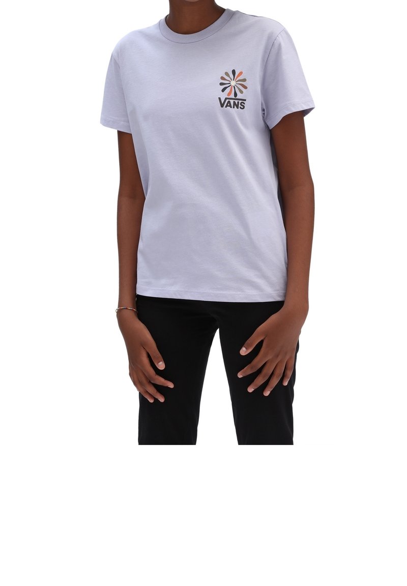 T-shirt court à manches courtes de couleur violet clair en coton avec un logo graphique sur la poitrine présentant des accents multicolores.